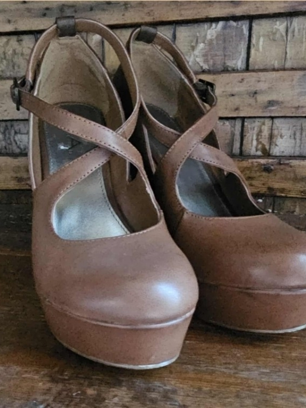 MIA Brown Crisscross Platform Pumps